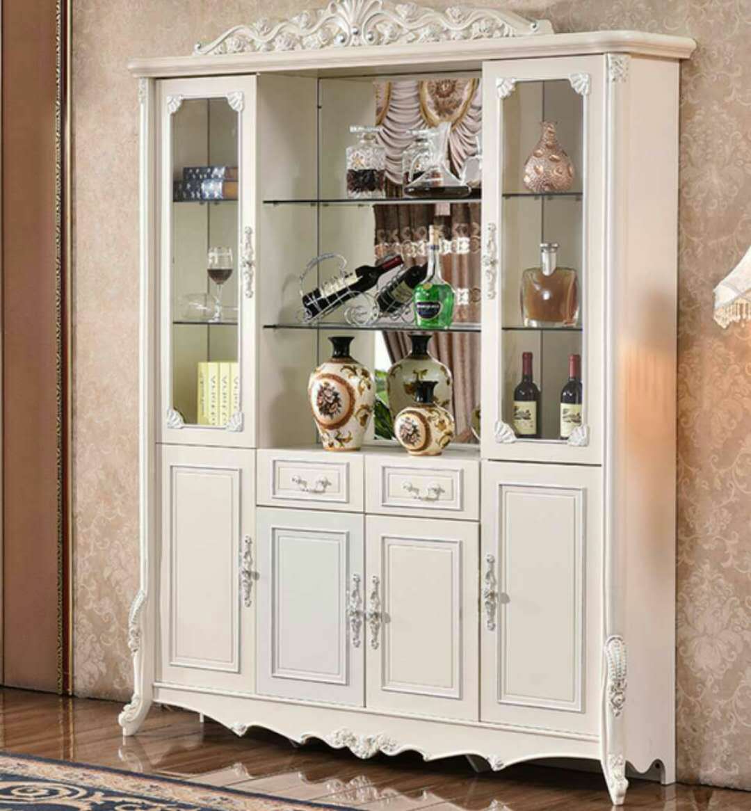 欧式四门酒柜实木烤漆玻璃储物柜法式奢华白色雕花客厅装饰柜家用