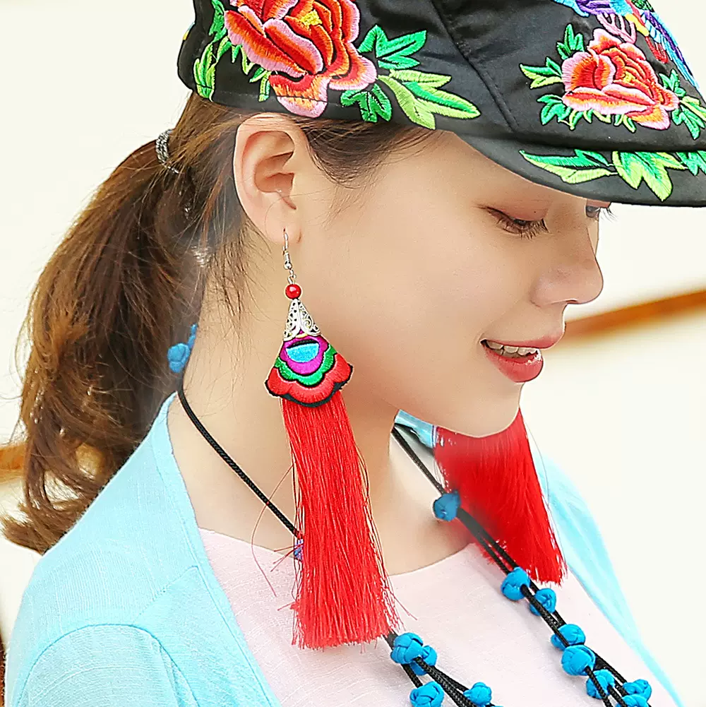 特色演出耳环民族风流苏耳环女旗袍耳环中长款绣花新娘耳环女配