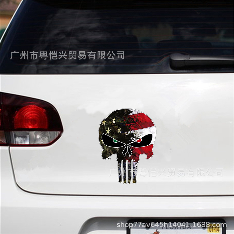 S-125 미국 국기 위장 작은 두개골 자동차 스티커 자동차 반사 스티커 두개골 오토바이 데칼