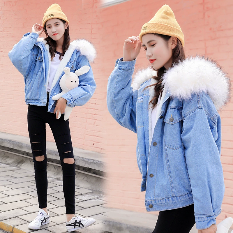 Пуховик (женский) denim-вид с капюшоном и отделкой из искусственного меха, теплая кожаная подкладка, 2022