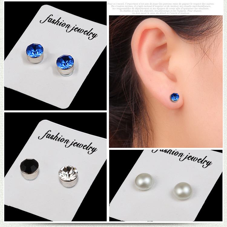 Fashion Color Diamond Stainless Steel Magnetic Earrings display picture 1