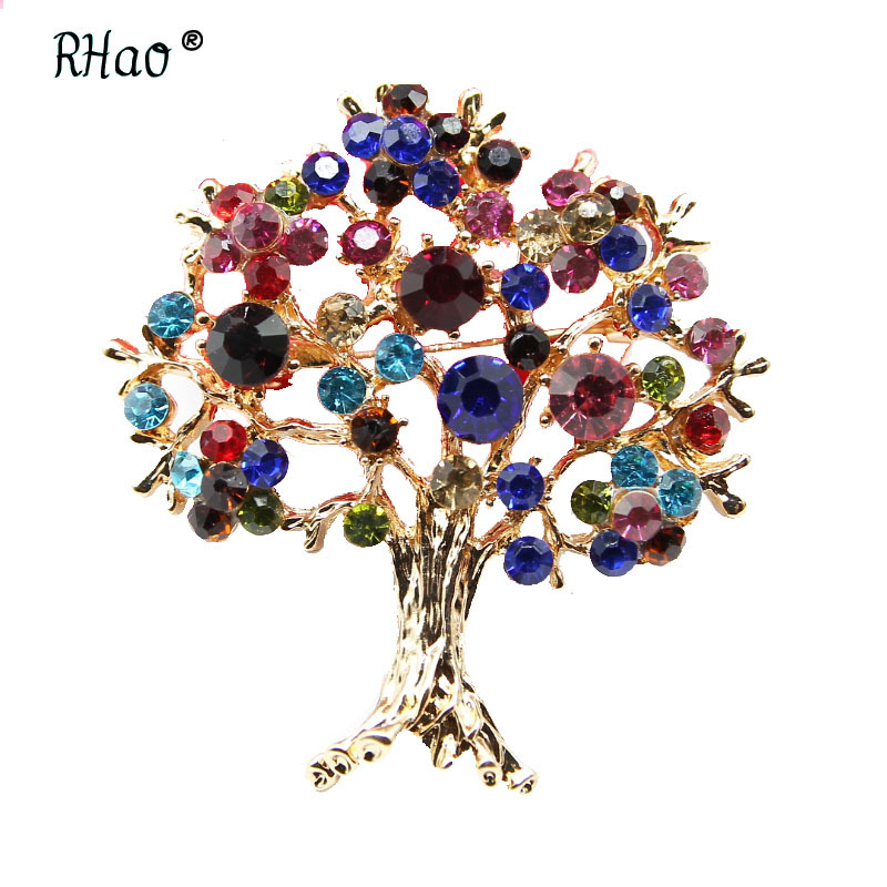 Broche europeo y americano con diamantes de colores broche de árbol de Navidad árbol de la vida hebilla para chal o bufanda al por mayor