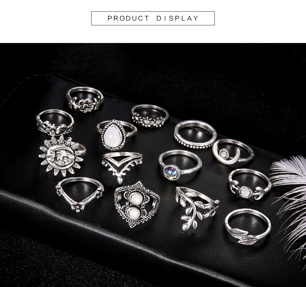 Fashion Water Drop Flowers Sunflower Moon Sun 14-piece Set Ring display picture 5