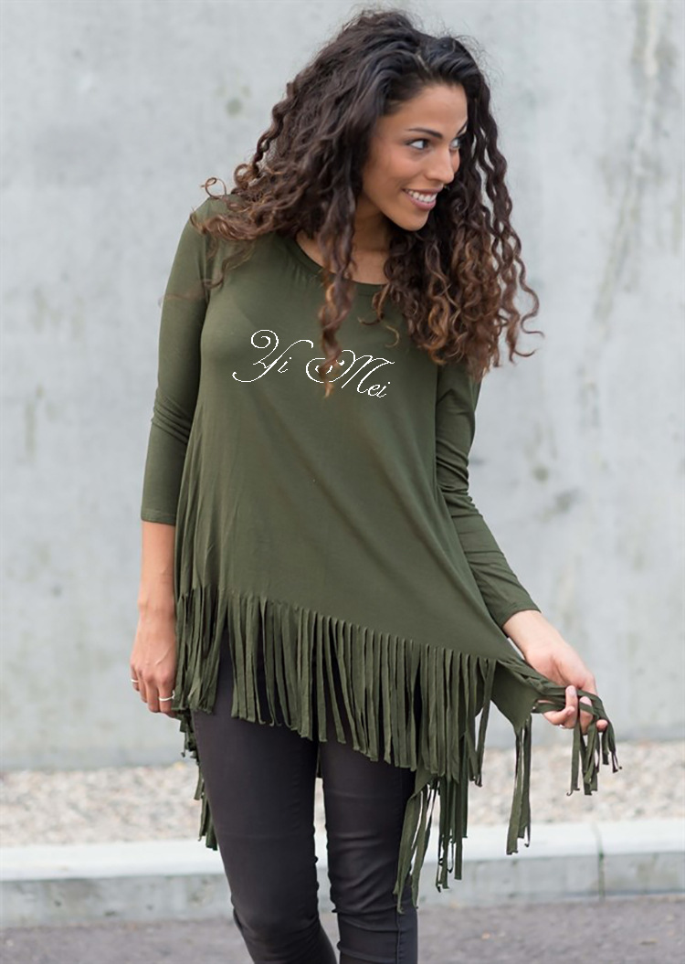 Womens Long Sleeve Irregular Hem T Shirt Spring Collection Fringe Detail Casual Style Wholesale Available