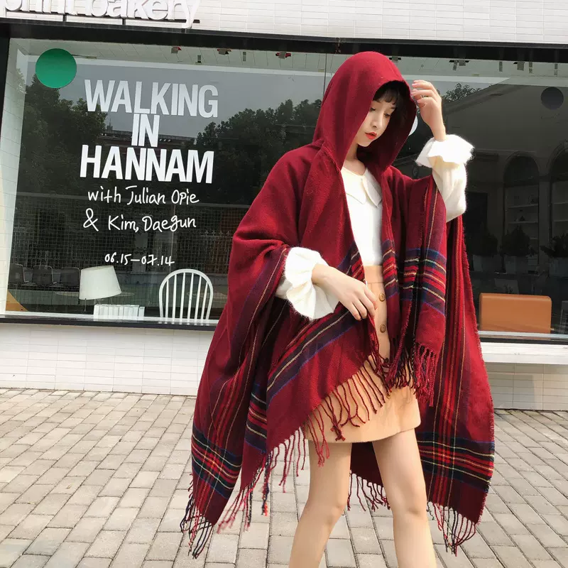 民族风斗篷披肩女斗蓬带帽加厚保暖云南西藏旅行围巾带帽披风外套