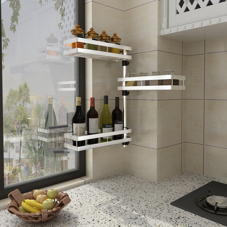 304不锈钢厨房浴室置物架转角旋转多功能收纳架 免打孔壁挂调料架|ms