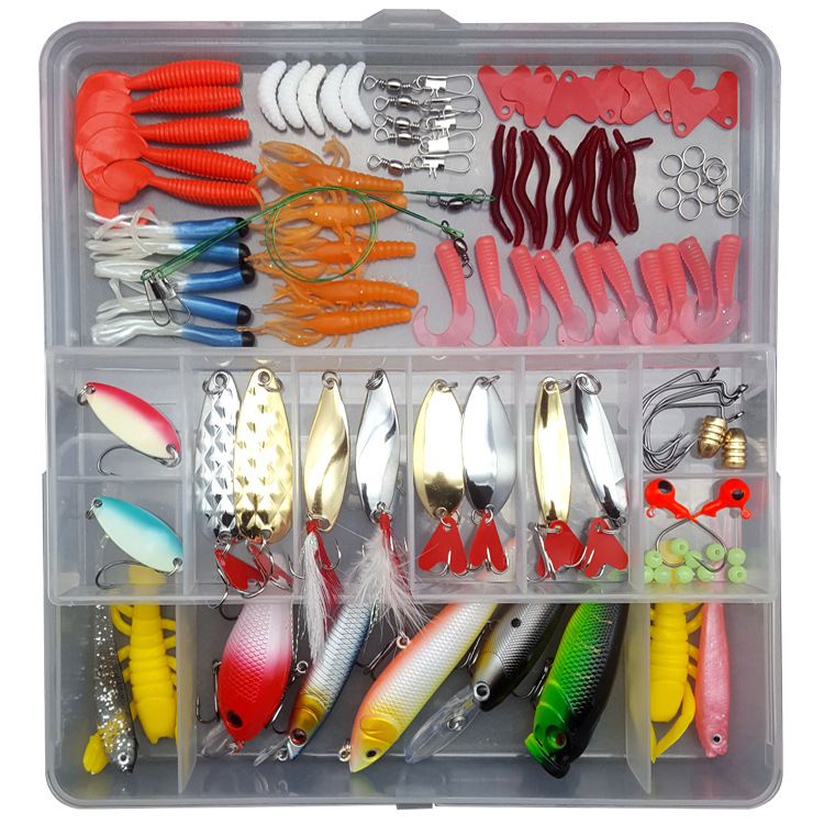 Bait Kit Freshwater Bait Kit Bass Salmon Tackle Kit Includes Spoon Bait Soft Plastic Worms Crank Bait Hook Tackle Box