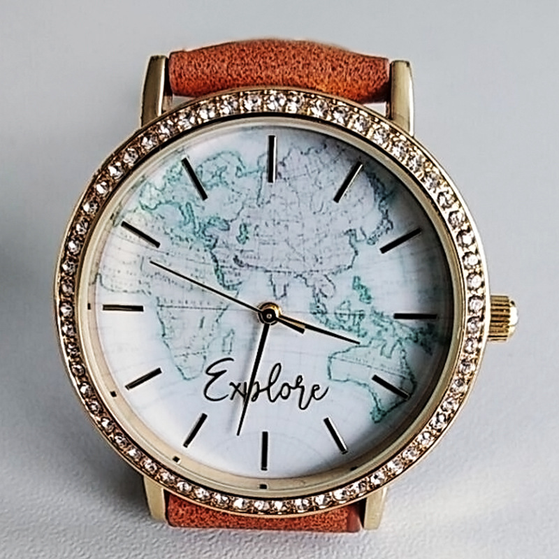 时尚女款手表服装饰品手表石仔皮带表地球图案个性简约百搭手表