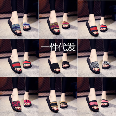 夏季新款松紧带平底坡跟一字女士凉拖松糕跟拖鞋裸版批发一件代发|ms