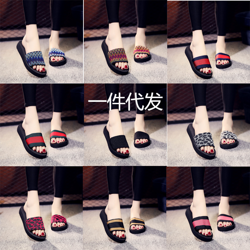 夏季新款松紧带平底坡跟一字女士凉拖松糕跟拖鞋裸版批发一件代发|ms