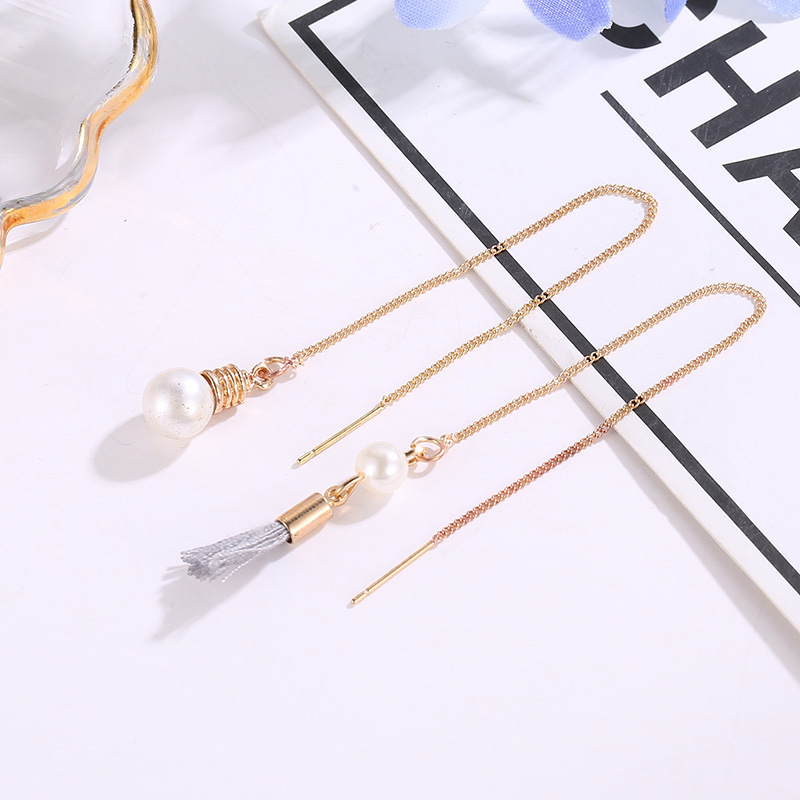 Korean New Simple And Fresh Earrings Pearl Tassel Ear Line Long Asymmetric Earrings Wholesale display picture 3