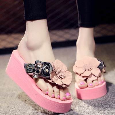 新款骷髅头增高防滑坡跟厚底人字拖女夏凉拖鞋夏季外穿百搭韩版沙|ru