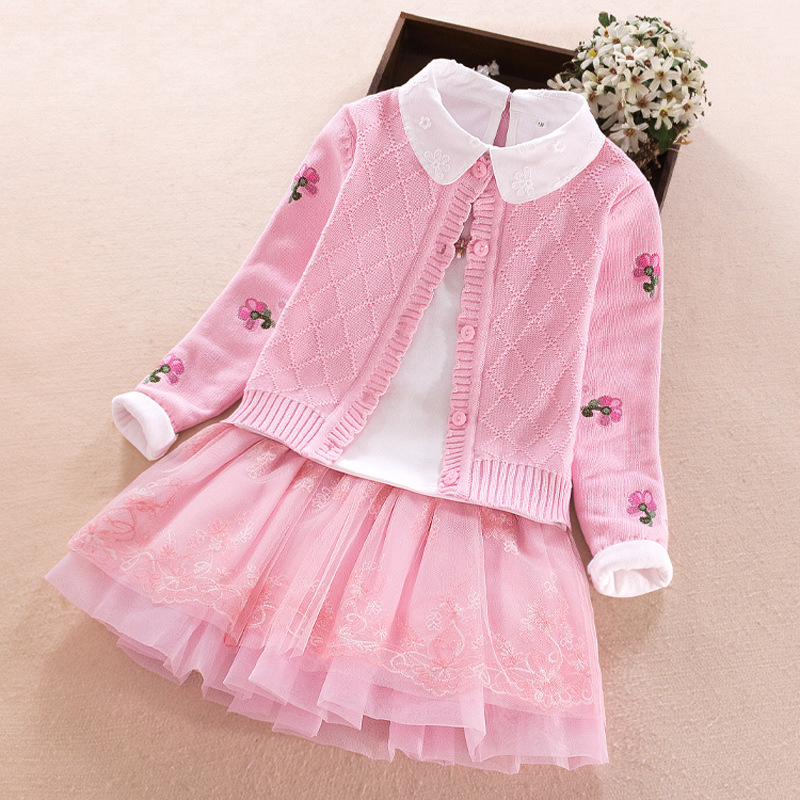 女童纯棉毛衣外套春装2018新款儿童宝宝公主裙套装三件套8007