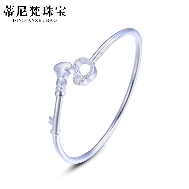 En forma de corazón clave pulsera de plata pura S990 plata abierta brillante sólida pulsera de plata para novia pulsera de plata Pulsera