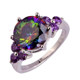 2018新款时尚彩虹紫水晶戒指 镶钻彩色戒指批发外贸款