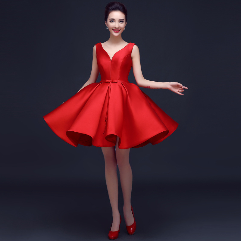 Women stage performance host singers evening party dresses red short Women V-neck party dresses 