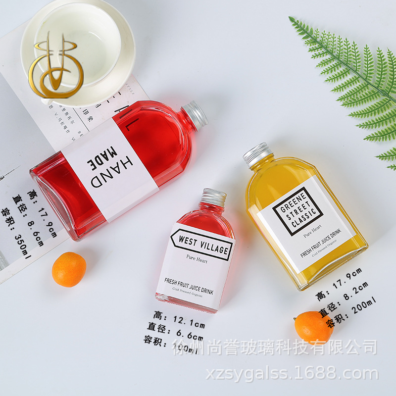 现货斜肩扁饮料瓶350ml果汁咖啡奶茶分装瓶可配手拧铝盖量大从优