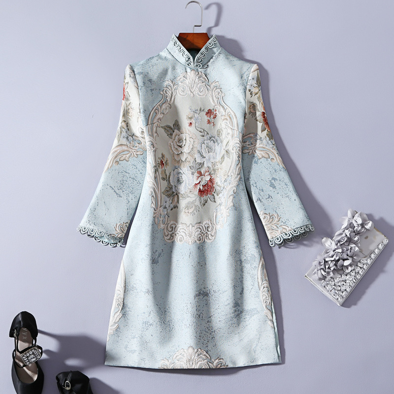 2019 Autumn and winter National Retro Stand collar Nine points sleeve Improvement Cheongsam skirt Self cultivation Women's wear Dress