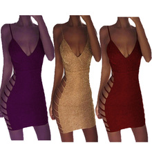 ebay欧美女装V领性感吊带亮片透视性感夜店包臀连衣裙