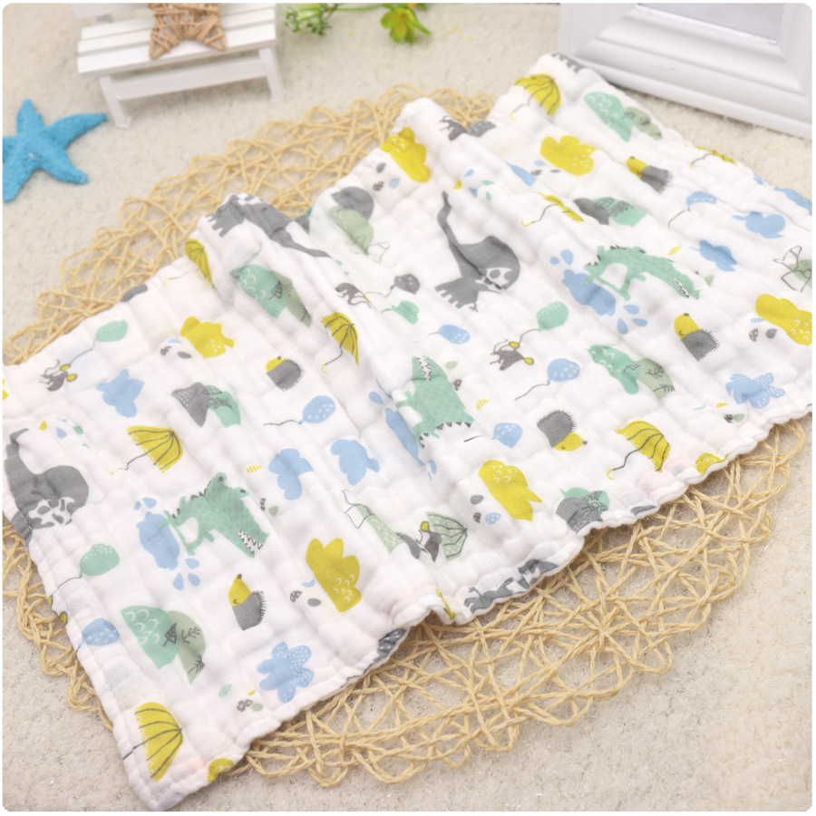 单条装幼儿园洗脸毛巾宝宝6层高密纱布口水巾25*50彩底印花长方巾|ru