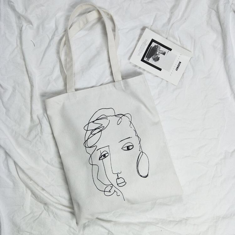 2021 Nuevo estilo fresco retrato abstracto bolsa de lona artístico fresco bolso de compras de las mujeres bolso de hombro del estudiante