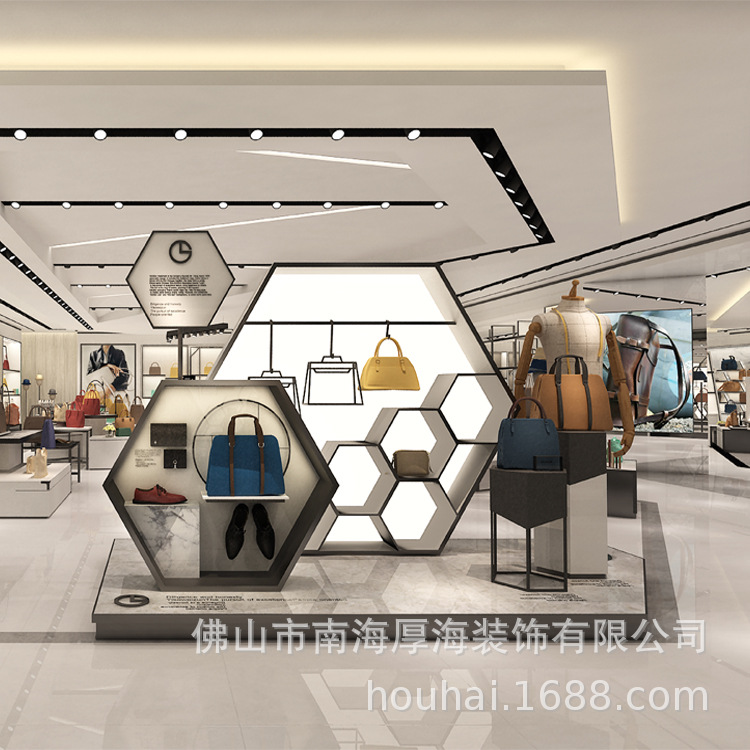 商场奢侈品箱包店展柜厂家创意多边形包包展柜品牌鞋包店展示道具