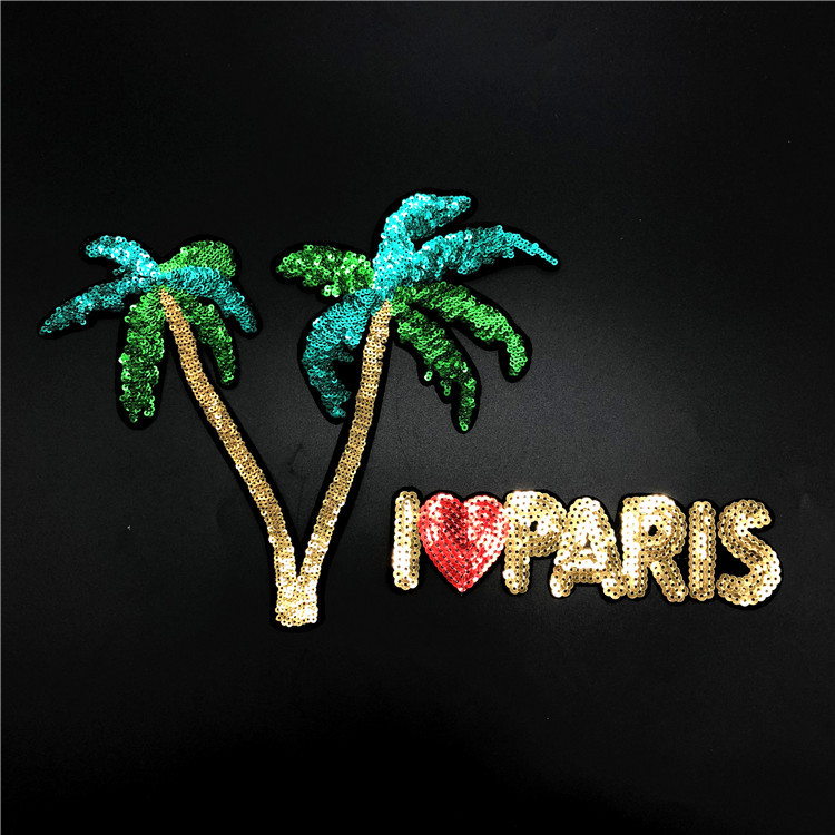 热销亮片卡通椰树布贴字母LOGO刺绣补丁贴服装辅料贴花可定作批发