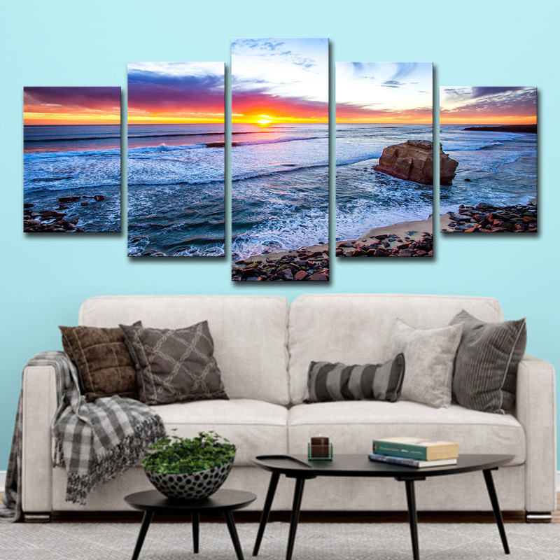 Cross-border AliExpress Amazon 5 Sunset Beach Waves Seascape Painting Wall Art Photo Living Room Decoration
