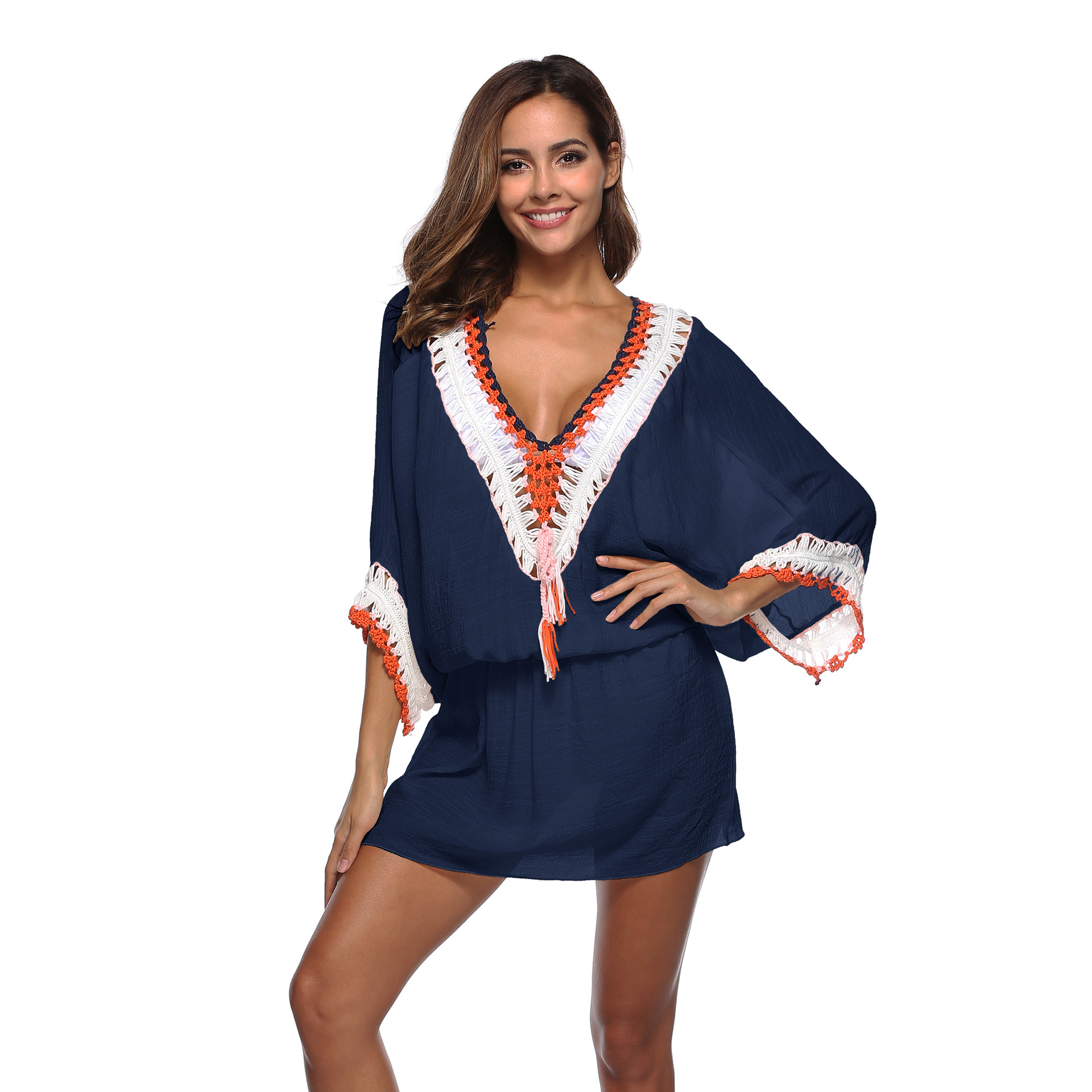 Hand Crocheted Beach Dress V Neck Batwing Sleeves Irregular Hem Sun Protection Cover Up Wholesale Available