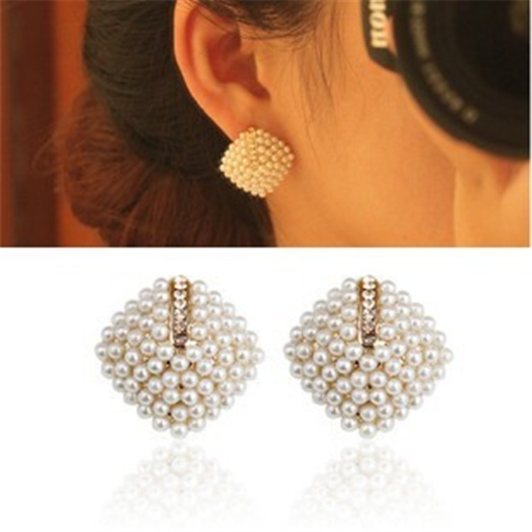 外贸新款流行饰品 韩版OL气质型小珍珠耳钉菱形圆形镶钻耳饰品批