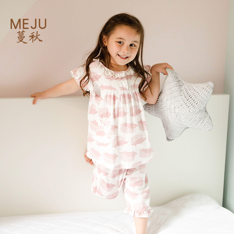 summer New products cotton material Tong paragraph pajamas Thin section Children's clothing pajamas Wood ear lovely girl Pyjamas wholesale