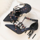 6289-29 European and American sexy rivets, satin, thin and high heel, slim, shallow pointed, Rome T-belt sandals.