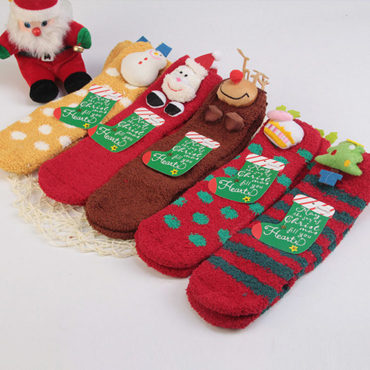 Parent-Child Christmas Socks, Coral Fleece Anti-Slip 3D Cartoon Towel Floor Socks, Half Fleece Thick Warm Sleeping Socks