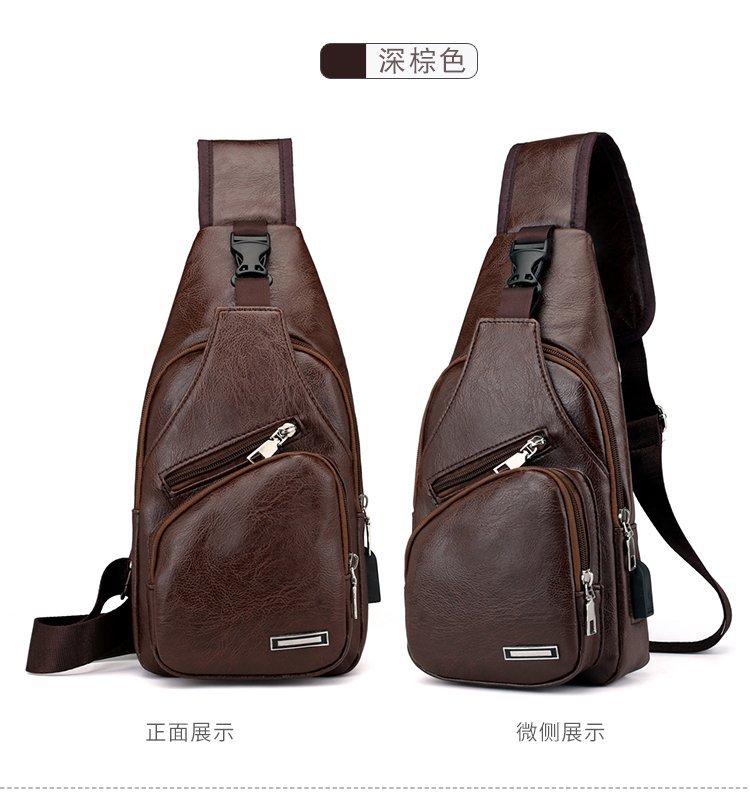 Cross -border explosion USB men's chest bag portable charging casual mesengers outdoor sports PU chest bag