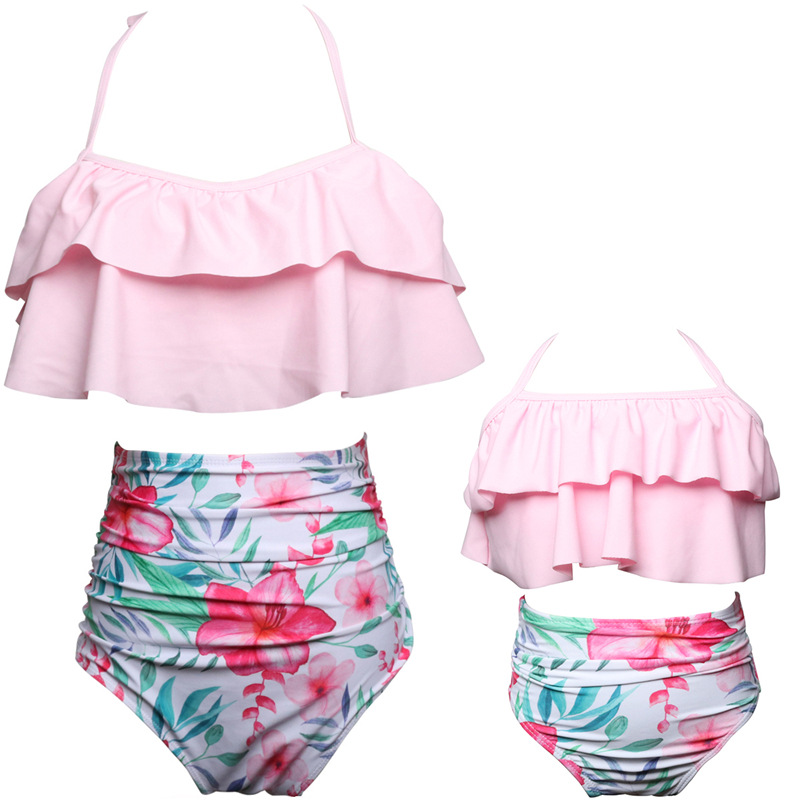 Traje de baño de dos piezas tankini con estampado de cintura alta con volantes y cuello halter para padres e hijos (policromo) NSHYU121331