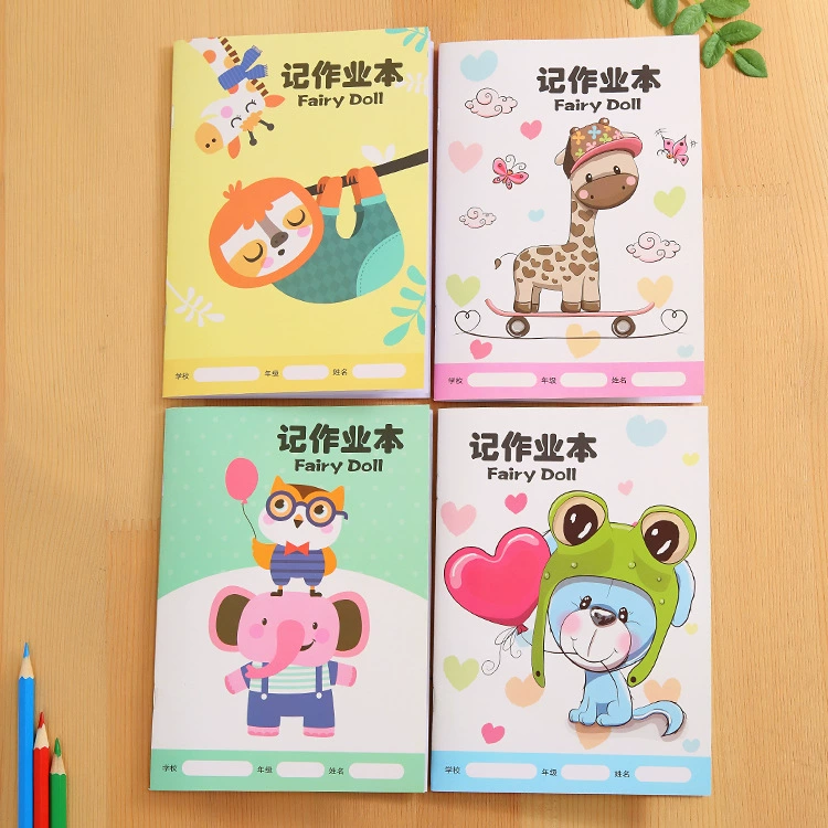 Cartoon practice for students, laptop, book writing