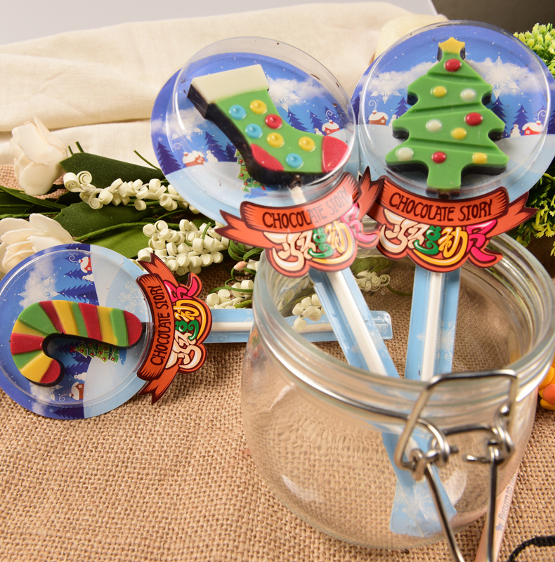 源頭廠家聖誕節純可可脂巧克力卡通棒棒糖零食糖果手工50支/盒