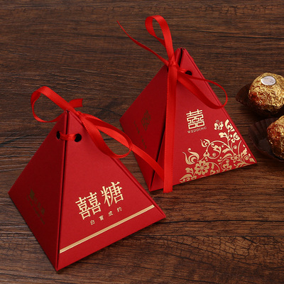 婚庆喜庆用品批发结婚创意糖果包装纸盒婚礼礼盒中式三角喜糖盒子|ms