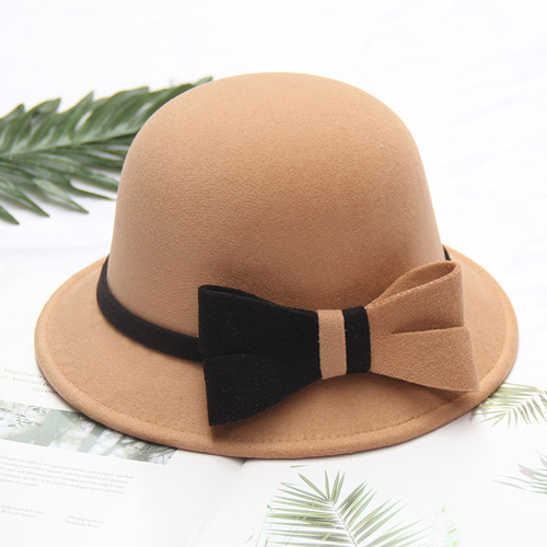 Korean style autumn and winter women's woolen hat two-color large bow basin hat dome elegant temperament felt hat top hat