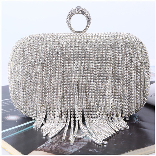 Evening bags Europe and the United States cross-border diamond tassel pure handmade rhinestone rings evening wear crossbody clutch bag custom wholesale