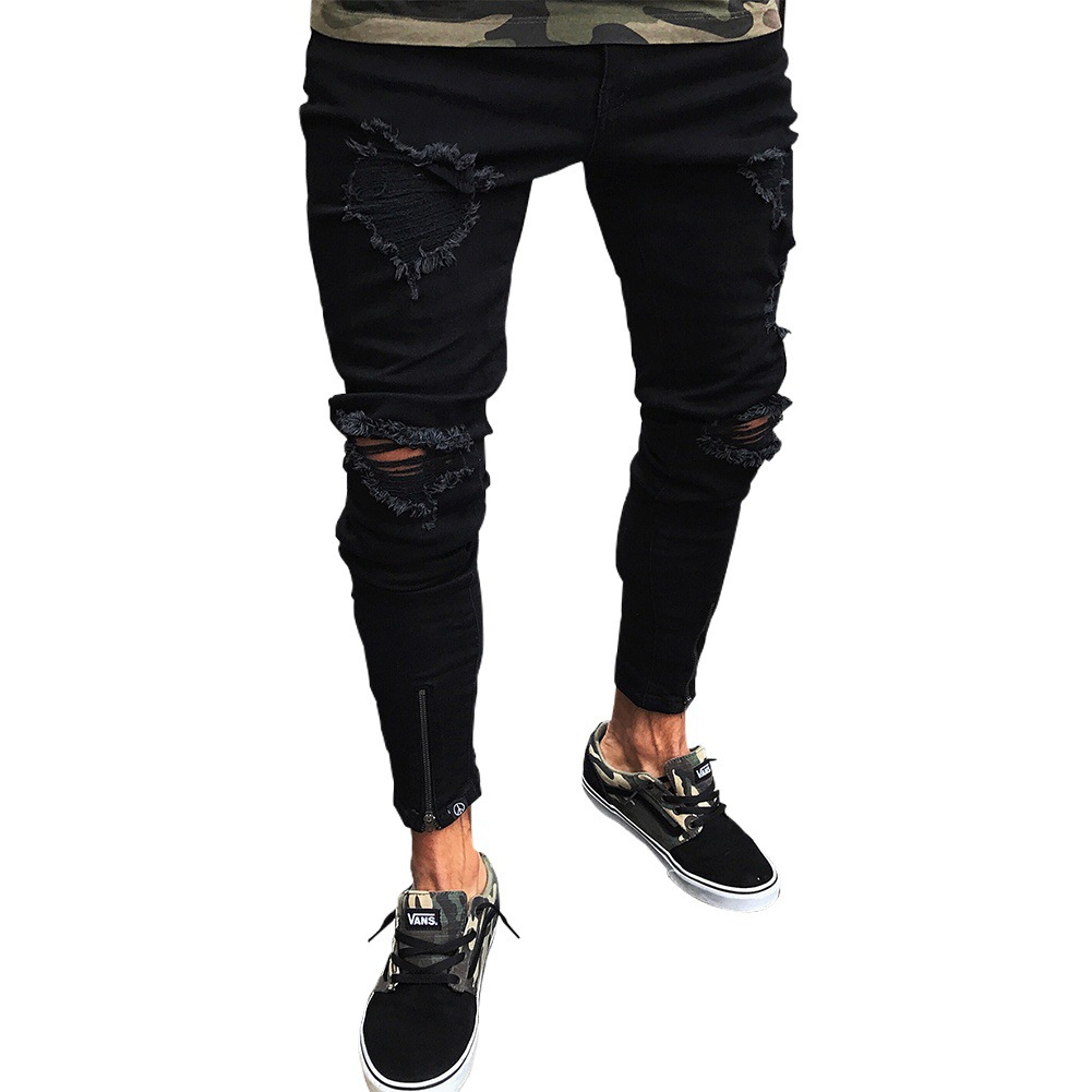 Cross-border Foreign Trade Men's Clothing Korean Version Of The Trendy Brand Straight Barrel Worn Flanging Holes Men's Black Jeans Slim Fit Wholesale
