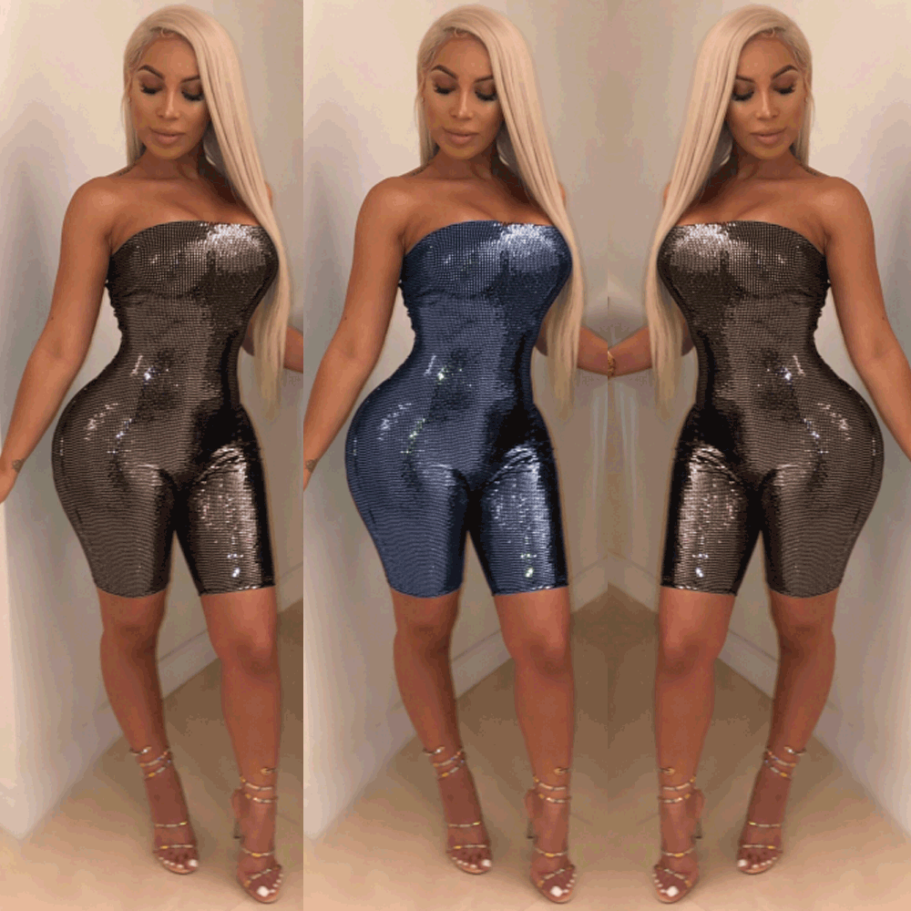 Sexy Envoltura De Pecho Cremallera Slim Fit Paño Sin Respaldo Jumpsuit