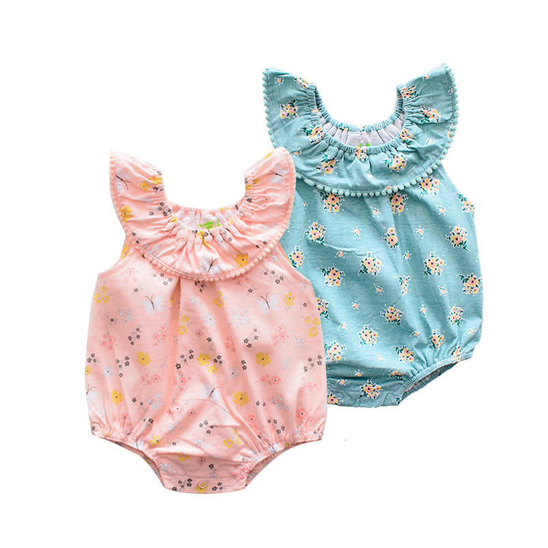 19年夏季花边领无袖短爬 卡通夏季婴儿服装 纯棉汗布连身衣婴儿装