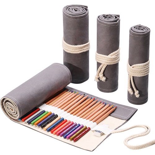 Handmade gray canvas art pen curtain 12 24 36 48 72 holes large capacity pencil bag color lead sketch stationery bag