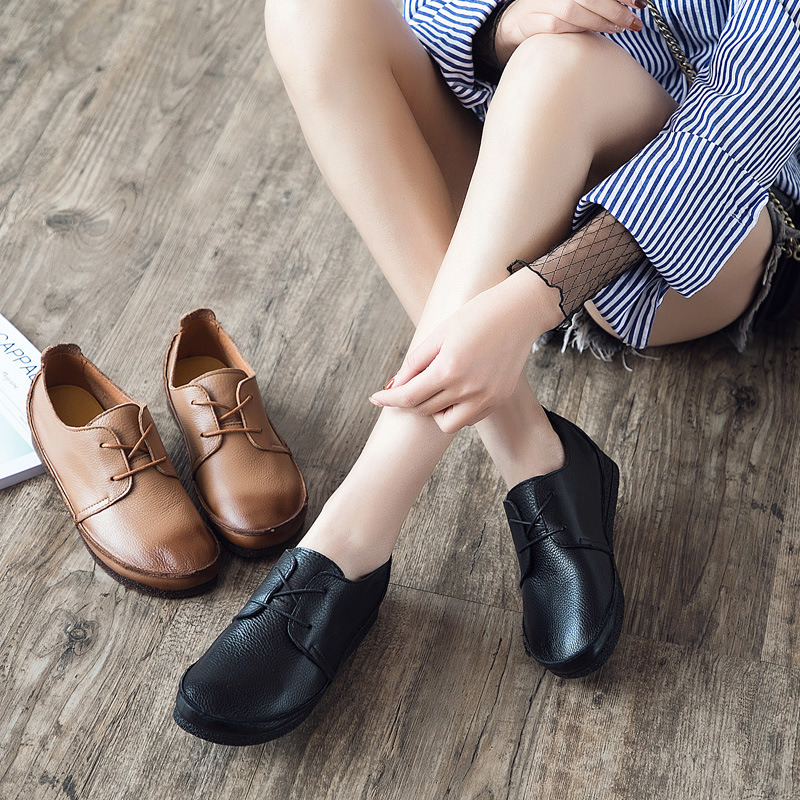 廠家直供女鞋2020春季新款休閑鞋女系帶圓頭真皮淺口軟底軟面單鞋