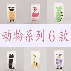 Home Decor Wall Hanging Storage Bag with Cartoon Animal Design, Cotton Linen Fabric, Three-Compartment Door Behind Wall Suspension Shelf