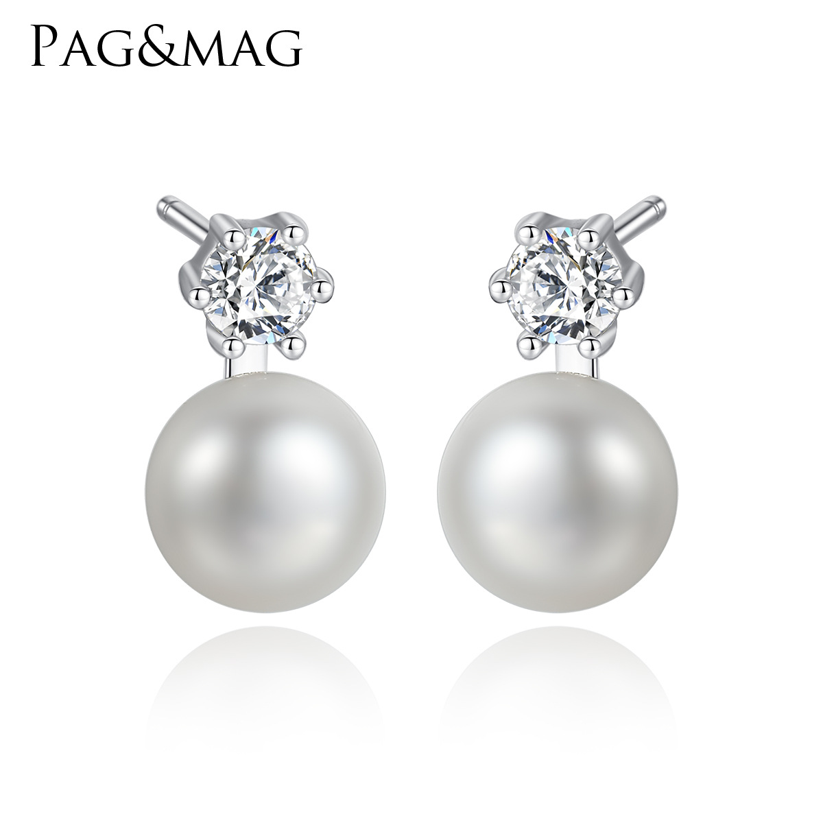 PAG&MAG 锆石珍珠耳钉925银新款韩版小巧简约女纯银珍珠耳饰耳环