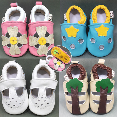 蓓愛貝羊皮學步嬰兒涼鞋 夏季新款軟膠底卡通圖案嬰兒學步涼鞋