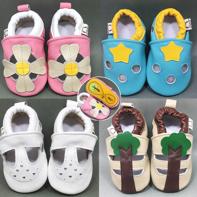 蓓愛貝羊皮學步嬰兒涼鞋 夏季新款軟膠底卡通圖案嬰兒學步涼鞋