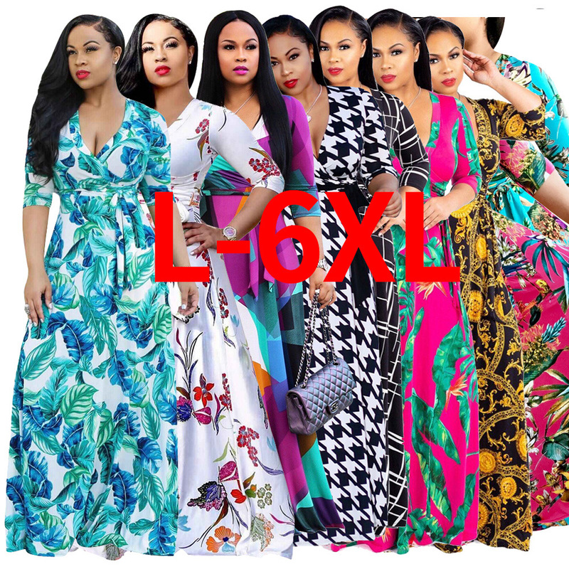 Autumn X9025 independent station Amazon popular European and American bohemian V-neck printing over plus size dress Autumn X9025 independent station Amazon popular European and American bohemian V-neck printing over plus size dress